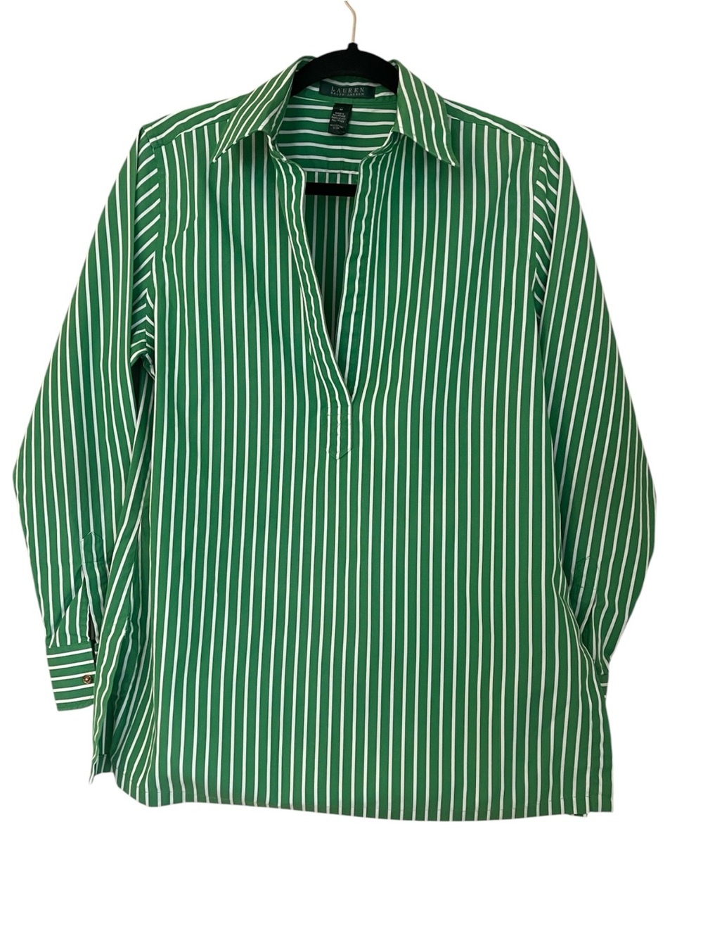 Lauren Ralph Lauren Green and White Striped Cotton Popover Shirt size M